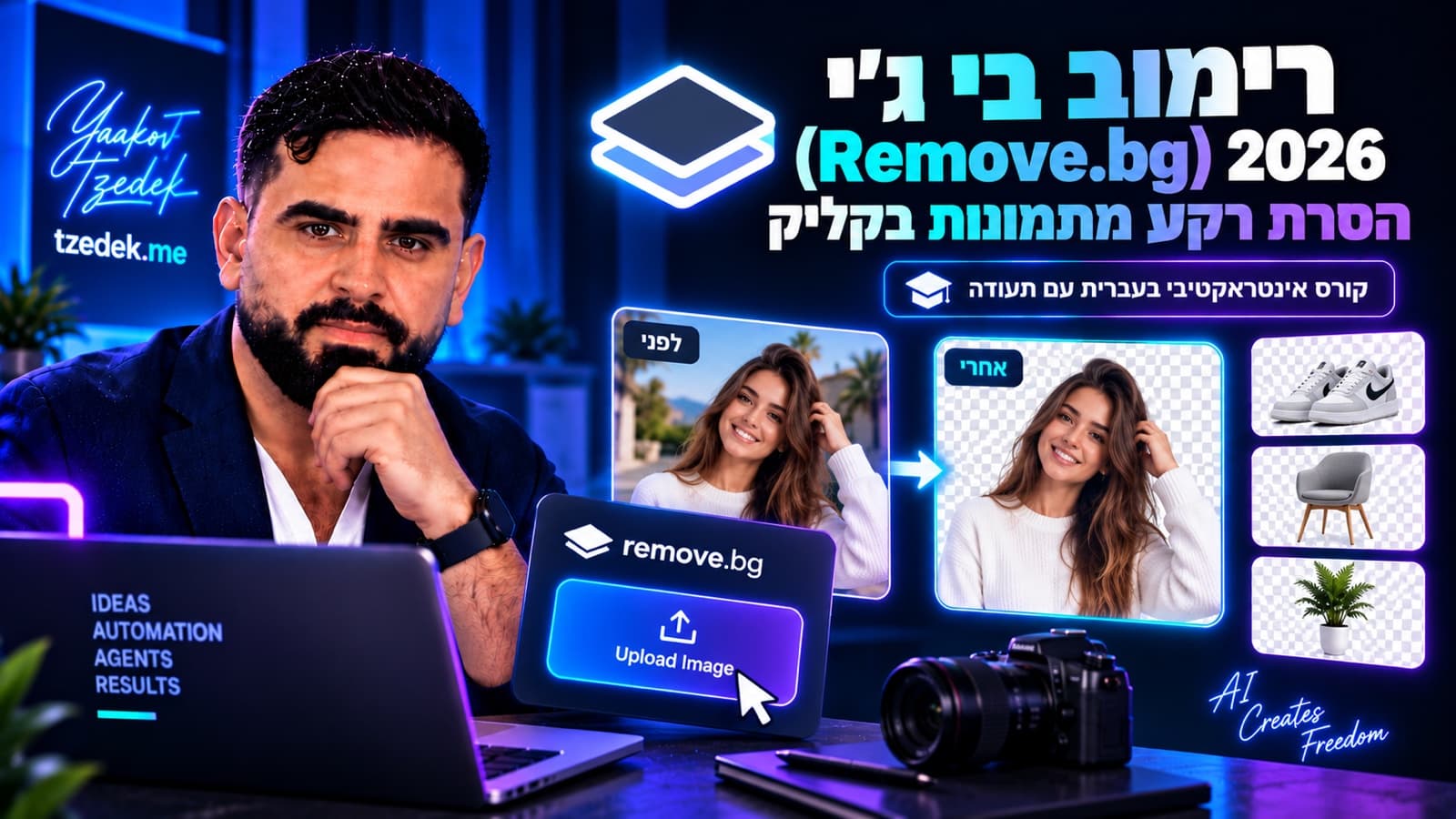 תמונת מוצר לפני ואחרי הסרת רקע ב-remove.bg, עם ההודעה על המעבר לקנבה
