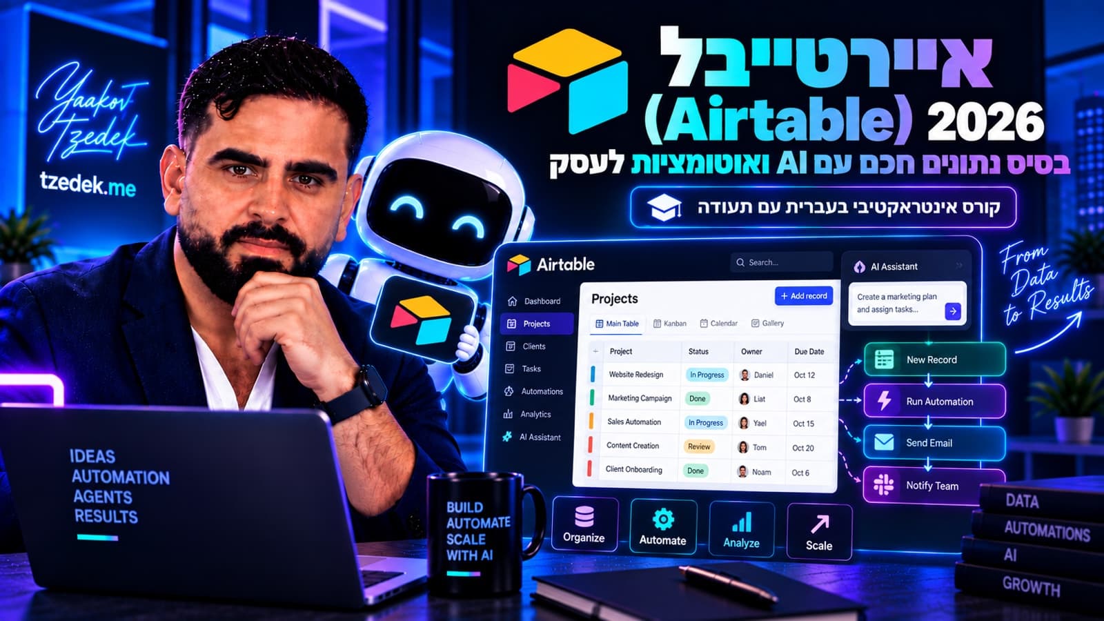 טבלת לידים באירטייבל עם סוכן שדה שמסווג פניות ואוטומציה שמתריעה על ליד חם