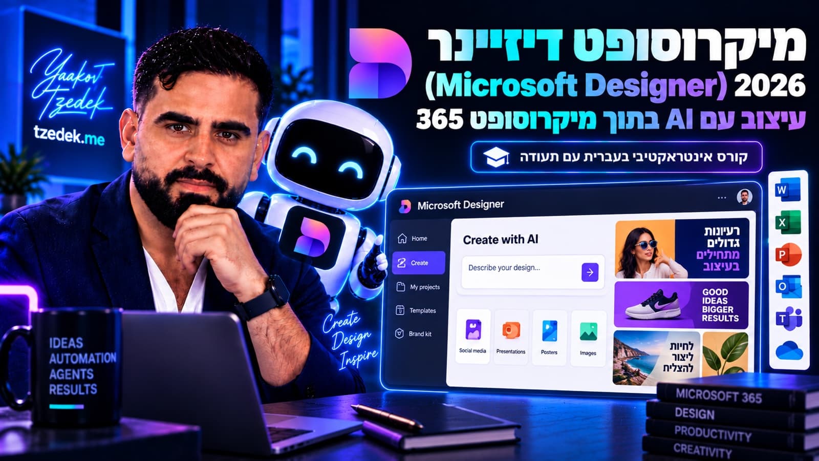 מסך Microsoft Designer בעברית: "מה ברצונך לעצב?" עם פוסט שנוצר ב-AI