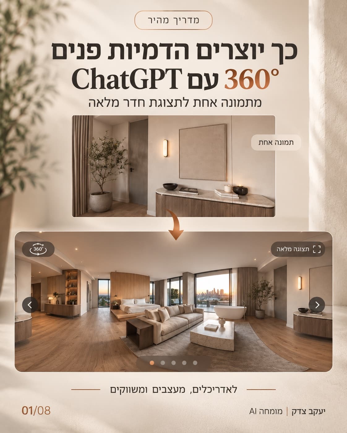 כך יוצרים הדמיות פנים 360° עם ChatGPT: תמונה אחת של פינת כניסה עם עציץ ושידה הופכת לתצוגת חדר מלאה עם סלון, חדר שינה ואמבט מול נוף עירוני