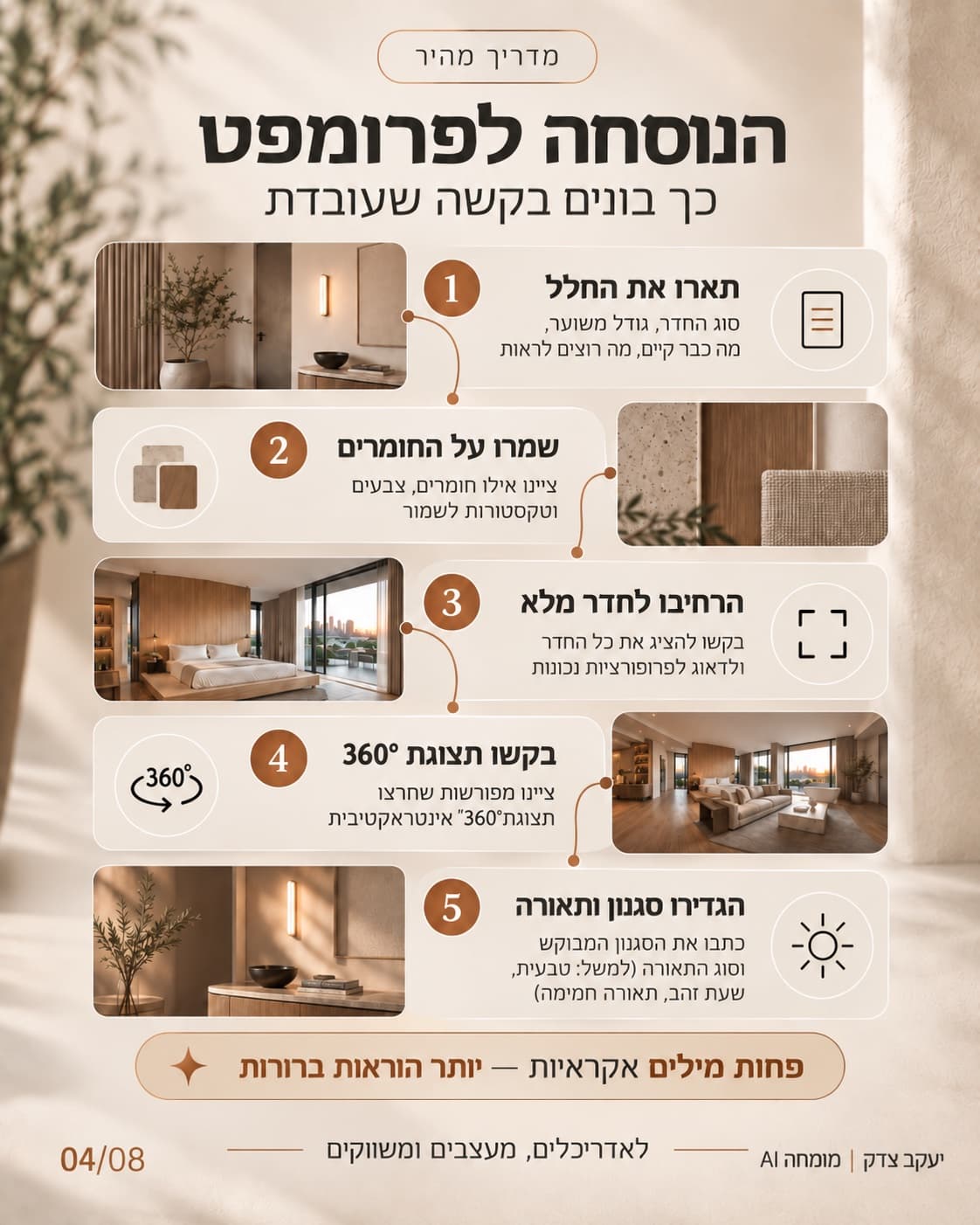 הנוסחה לפרומפט להדמיית 360°: תארו את החלל, שמרו על החומרים, הרחיבו לחדר מלא, בקשו תצוגת 360° והגדירו סגנון ותאורה