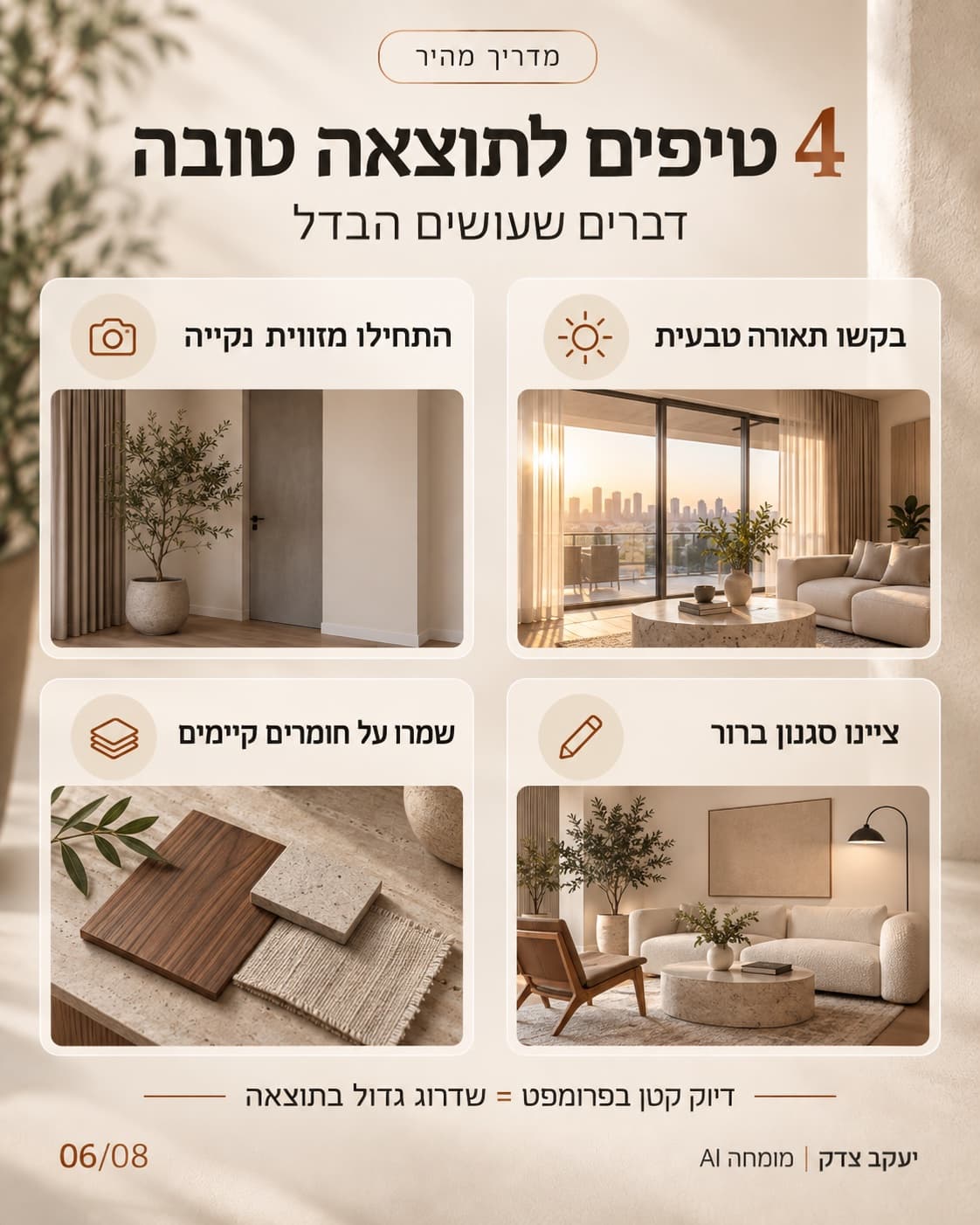 ארבעה טיפים להדמיית 360° טובה עם ChatGPT: להתחיל מזווית נקייה, לבקש תאורה טבעית, לשמור על חומרים קיימים ולציין סגנון ברור