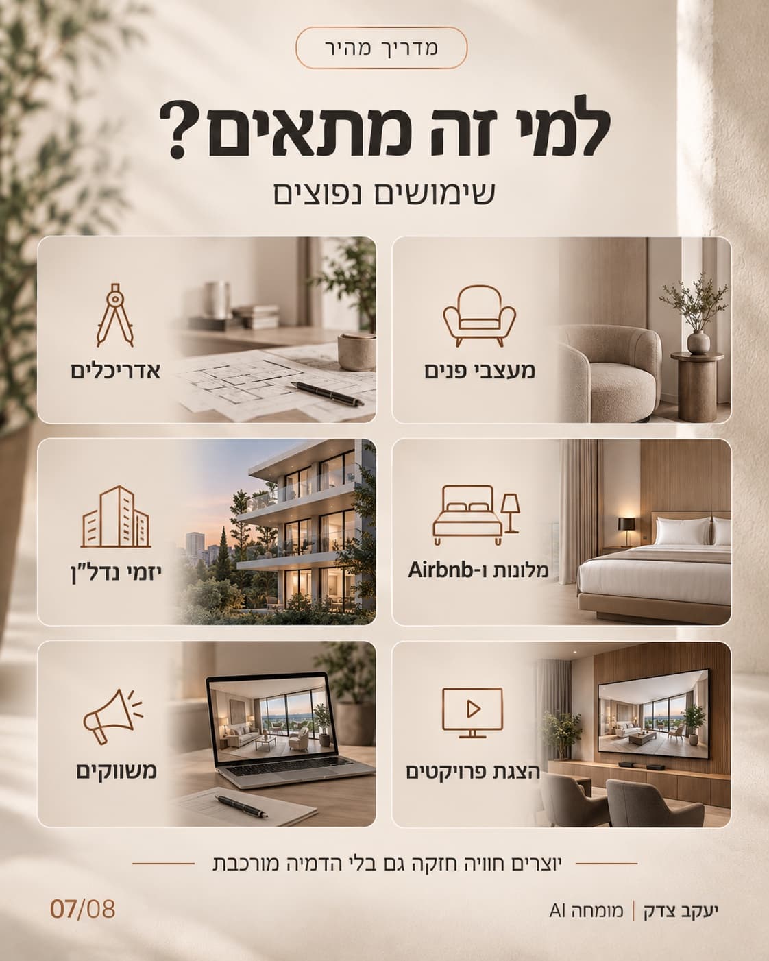 למי מתאימות הדמיות 360° עם ChatGPT: אדריכלים, מעצבי פנים, יזמי נדל"ן, מלונות ו-Airbnb, משווקים והצגת פרויקטים