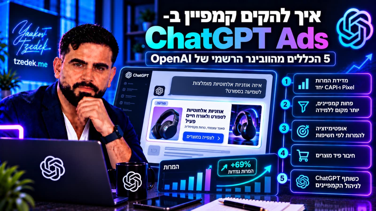 איך להקים קמפיין ב-ChatGPT Ads: 5 הכללים מהוובינר הרשמי של OpenAI, מדידת המרות עם Pixel ו-CAPI, פחות קמפיינים, המרות לפי חשיפות, פיד מוצרים ו-ChatGPT כשותף, עם דוגמה למודעה מתחת לתשובה של ChatGPT