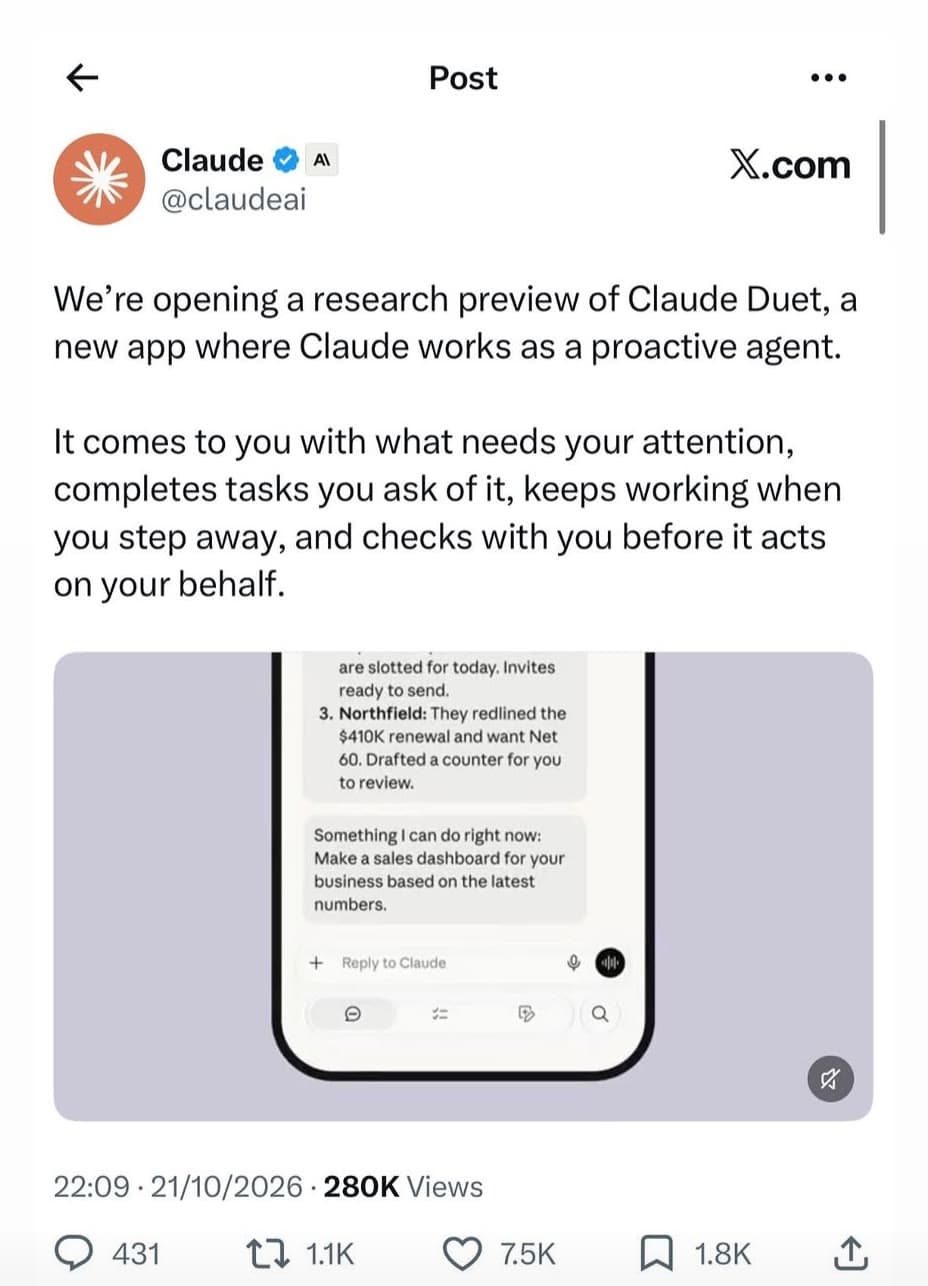 ההודעה של Claude (@claudeai) ברשת X מ-21 באוקטובר 2026 על פתיחת תצוגה מחקרית של Claude Duet, עם צילום מסך של האפליקציה בטלפון שמציג סיכום משימות וטיוטת תשובה ללקוח
