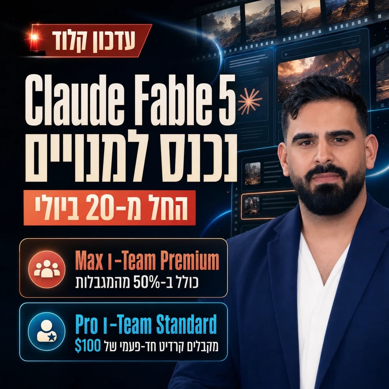 עדכון קלוד: Claude Fable 5 נכנס למנויים החל מ-20 ביולי — Max ו-Team Premium כולל ב-50% מהמגבלות, Pro ו-Team Standard מקבלים קרדיט חד-פעמי של $100