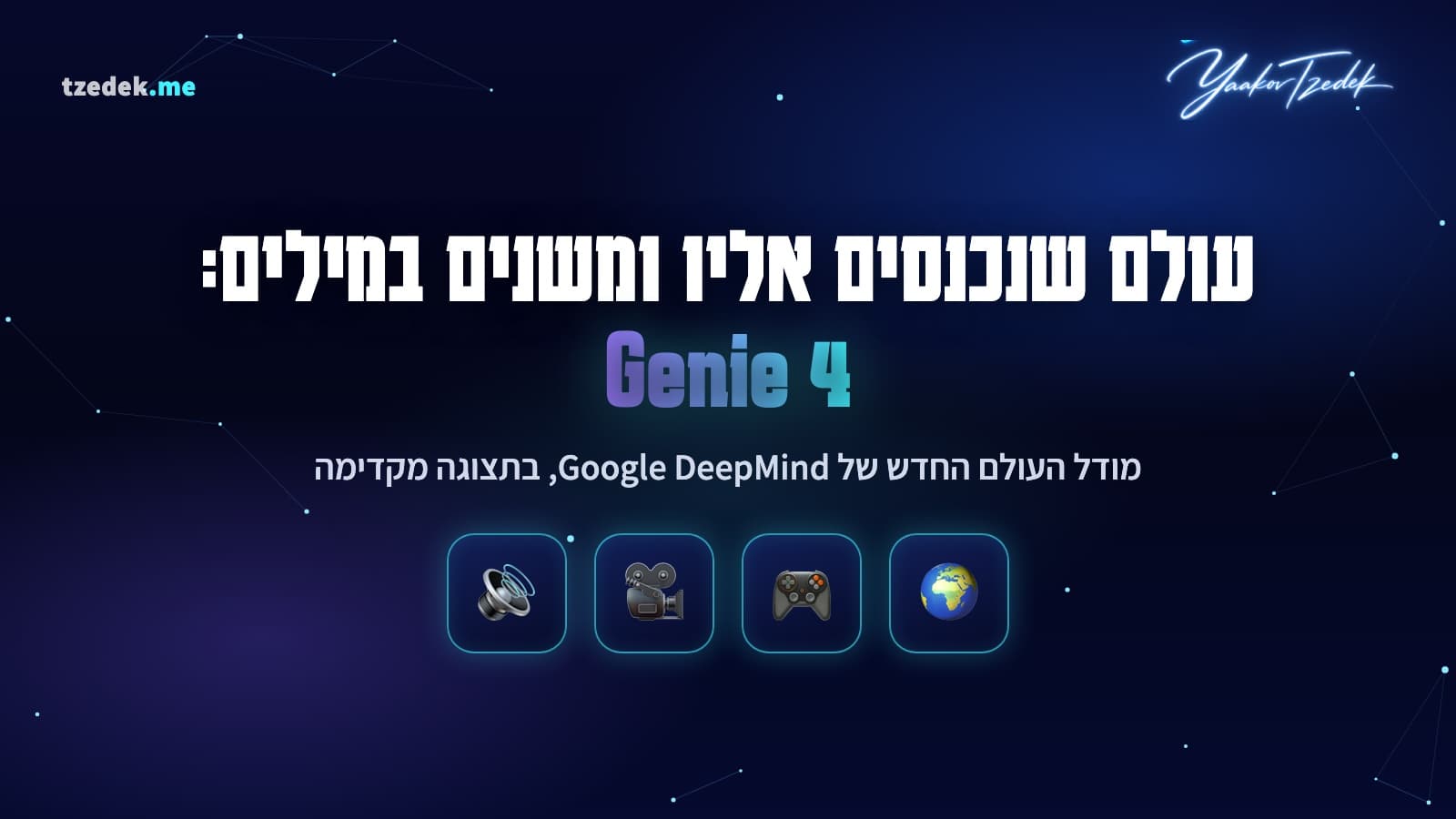 איור: עולם שנכנסים אליו ומשנים במילים, Genie 4, מודל העולם החדש של Google DeepMind בתצוגה מקדימה, עם אייקונים של כדור הארץ, שלט משחק, מצלמה ורמקול