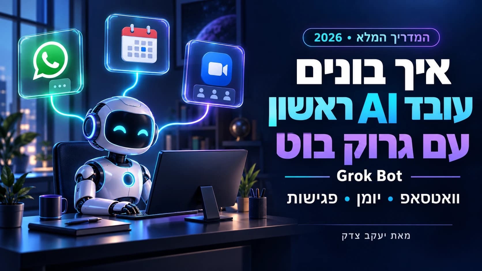 איך בונים עובד AI ראשון עם גרוק בוט (Grok Bot): רובוט יושב מול מחשב במשרד, ומעליו וואטסאפ, יומן ופגישות וידאו מחוברים אליו
