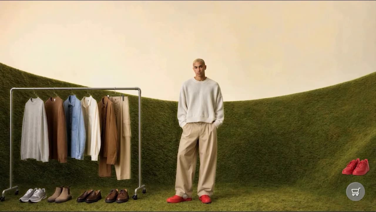 Runway Solaris בפעולה: חנות בגדים וירטואלית שנוצרת כווידאו חי, עם דמות, קולב פריטים ועגלת קניות, בלי שורת קוד