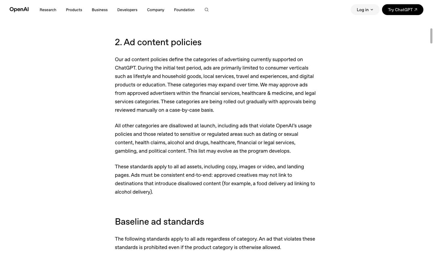 מדיניות הפרסום של OpenAI, סעיף Ad content policies: הקטגוריות הצרכניות המותרות בתקופת הניסוי