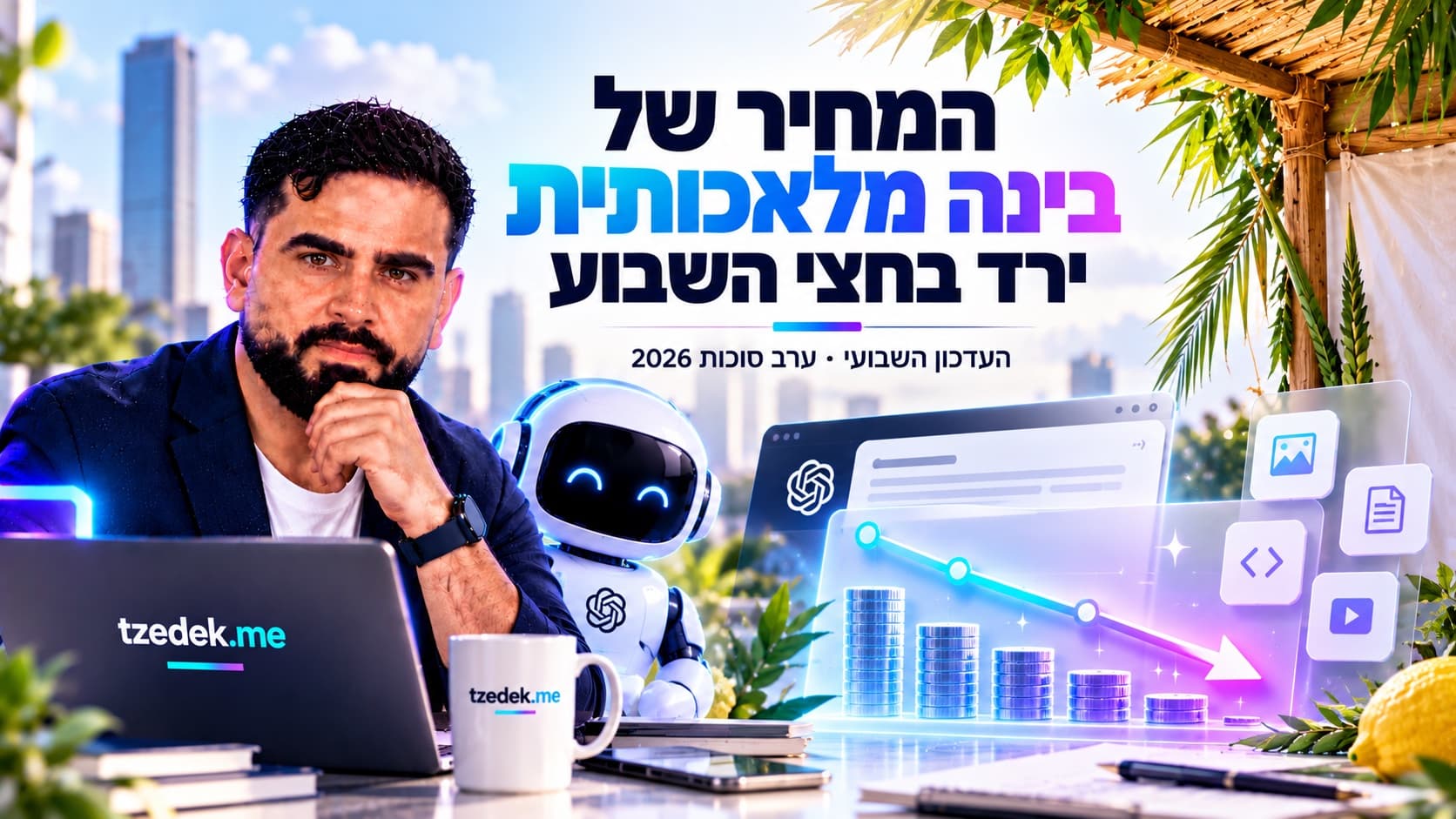 העדכון השבועי של יעקב צדק לערב סוכות 2026: המחיר של בינה מלאכותית ירד בחצי השבוע, עם סוכה, גרף מחירים יורד ורובוט ליד מחשב נייד