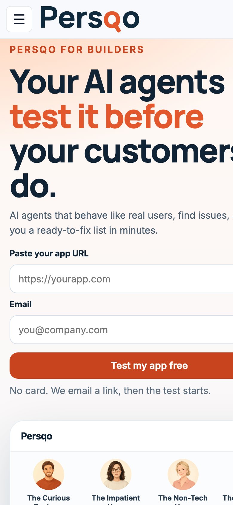 טופס התחלת הבדיקה של Persqo בטלפון: שדה Paste your app URL, שדה מייל וכפתור Test my app free