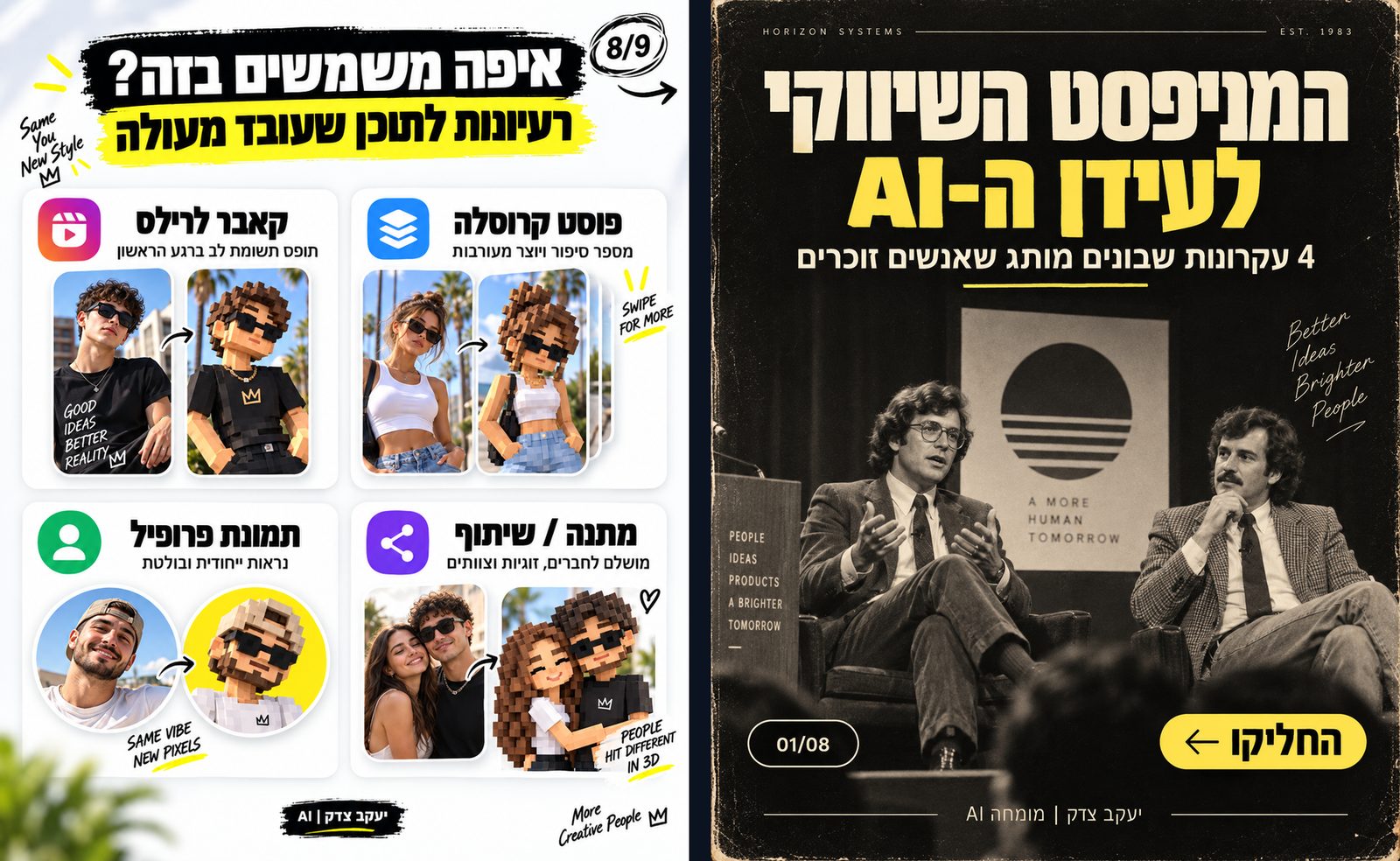 המניפסט השיווקי בסגנון וינטג' ושקופית בסגנון פיקסל ארט