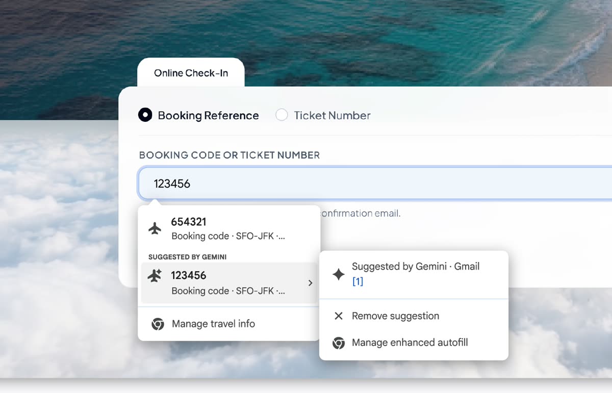 הדגמה רשמית: הצעה של Gemini מתוך Gmail בשדה קוד הזמנה, עם אפשרות להסיר את ההצעה ולנהל את המילוי האוטומטי המשופר