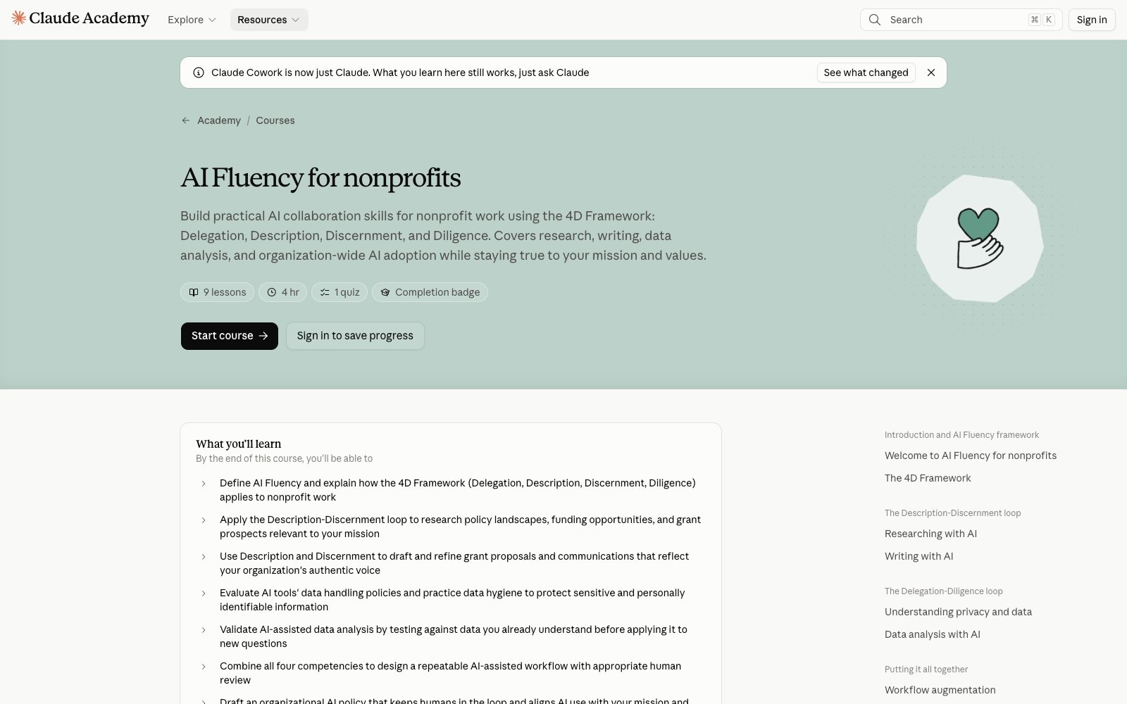 עמוד הקורס AI Fluency for nonprofits ב-Claude Academy: 9 שיעורים, בוחן אחד ותג סיום