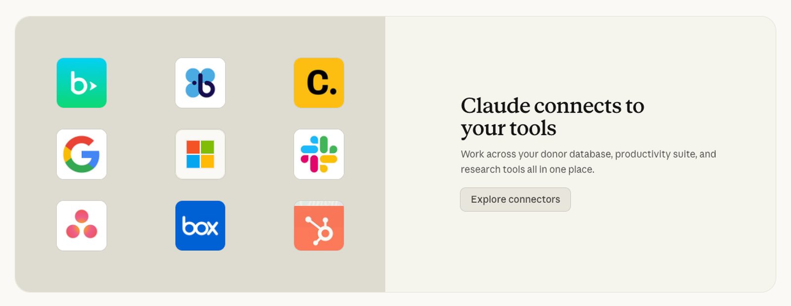 המחברים שמוצגים בעמוד התוכנית: Benevity, Blackbaud, Candid, Google, Microsoft, Slack, Asana, Box ו-HubSpot