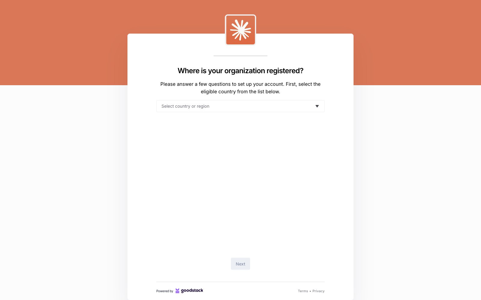 מסך הפתיחה של טופס האימות של Goodstack עבור Anthropic: Where is your organization registered ותפריט בחירת מדינה