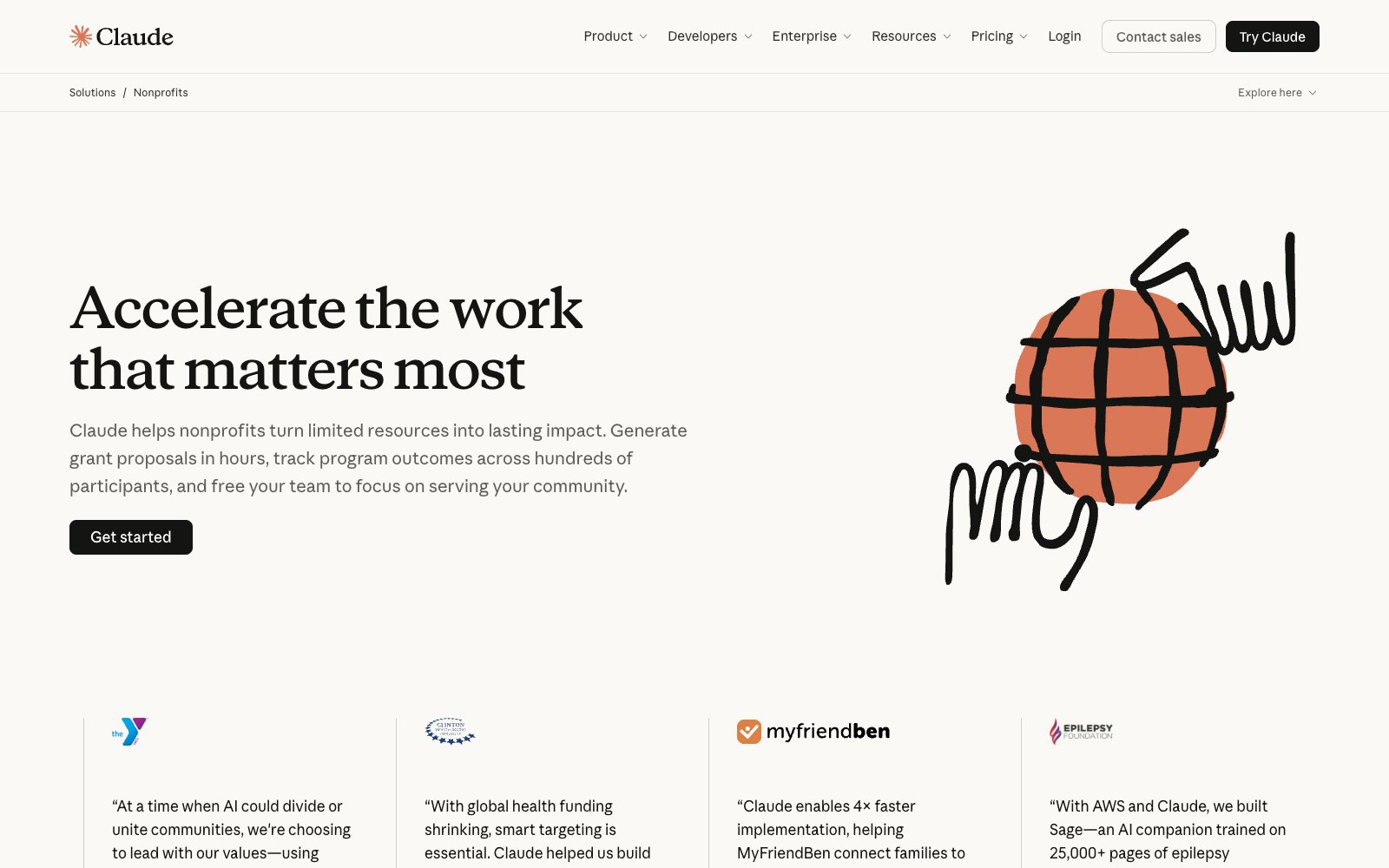 עמוד Claude for Nonprofits באתר claude.com: הכותרת Accelerate the work that matters most וכפתור Get started