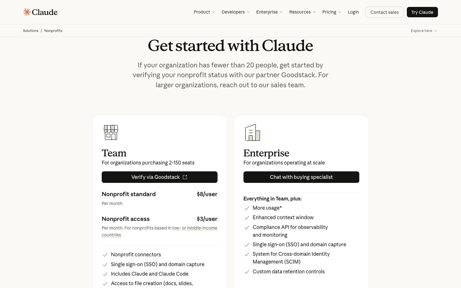 עמוד התוכנית: Get started with Claude, כרטיס Team עם Verify via Goodstack וכרטיס Enterprise עם Chat with buying specialist