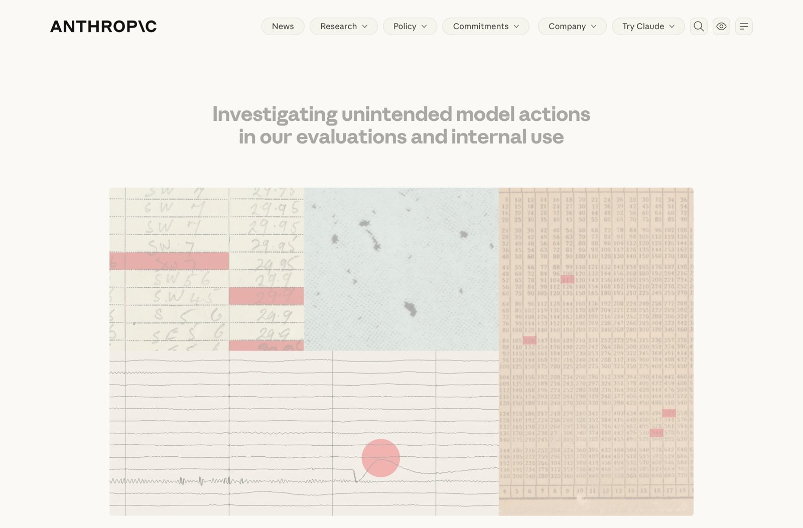 עמוד המחקר של אנתרופיק: Investigating unintended model actions in our evaluations and internal use