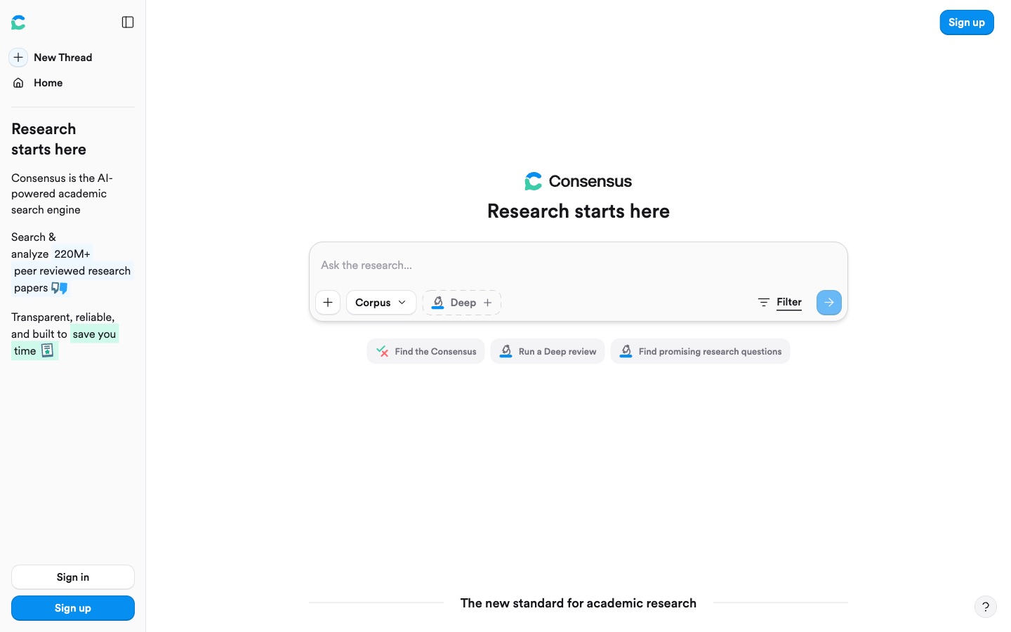 ממשק Consensus: מסך הבית הרשמי עם תיבת החיפוש, בחירת המאגר ומצב Deep, נכון לספטמבר 2026