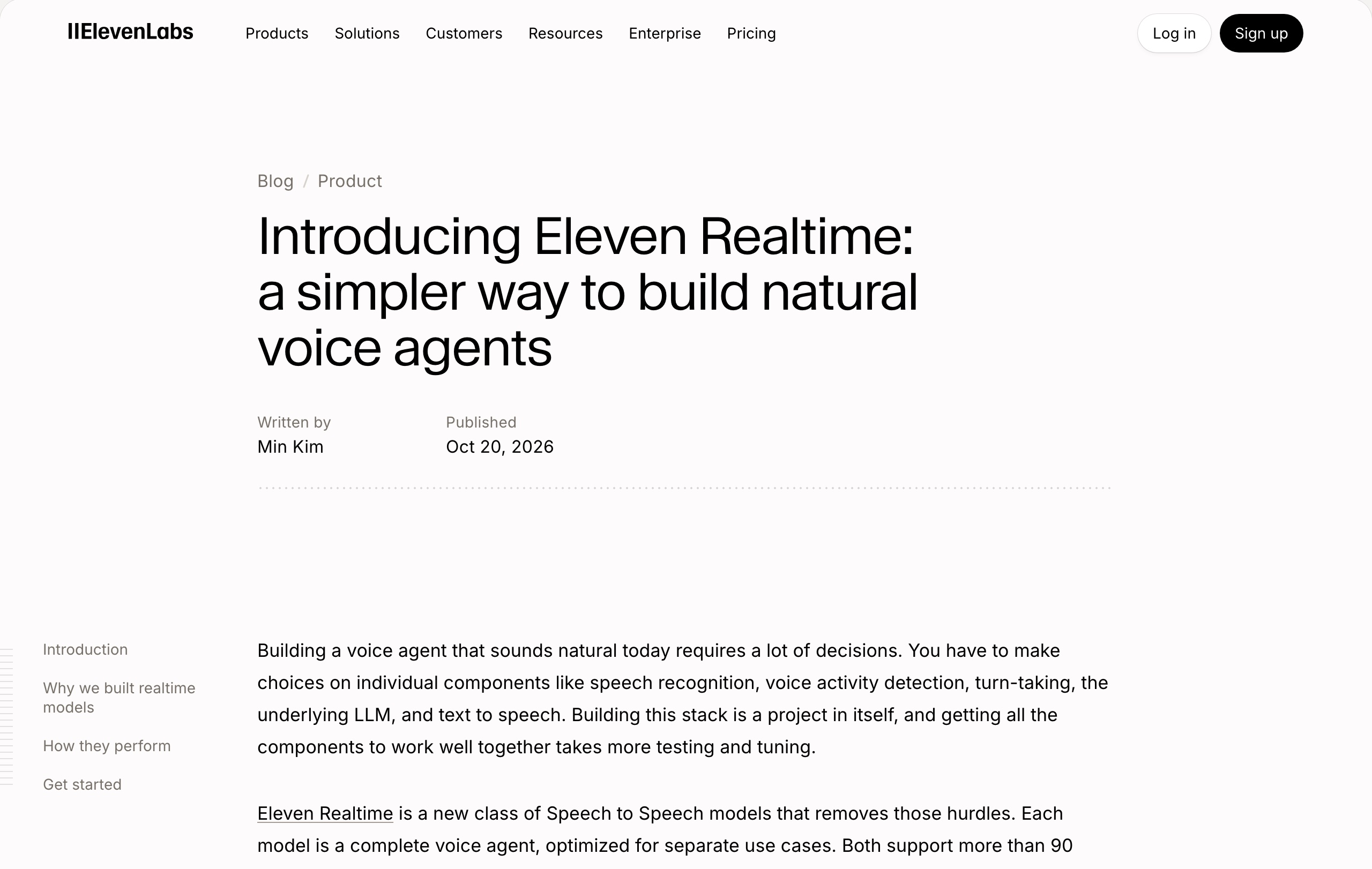 עמוד ההכרזה של אילבן לאבס על Eleven Realtime מ-20 באוקטובר 2026, עם הכותרת Introducing Eleven Realtime: a simpler way to build natural voice agents