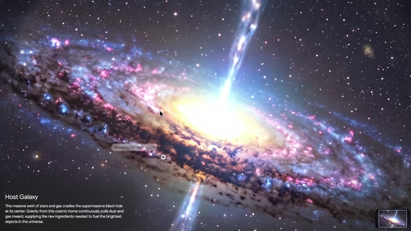 שכבה בתוך חקירת קוואזר ב-Gemini: גלקסיה עם תווית Interstellar Dust Lanes והסבר Host Galaxy בפינה