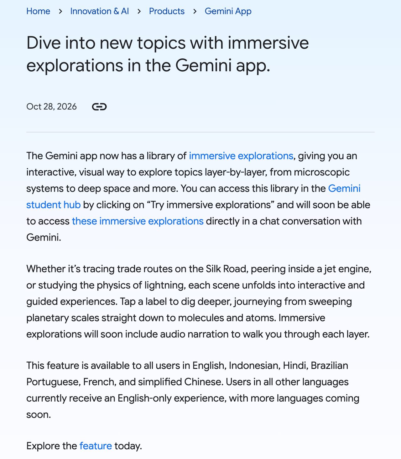 הודעת גוגל הרשמית: Dive into new topics with immersive explorations in the Gemini app, 28 באוקטובר 2026