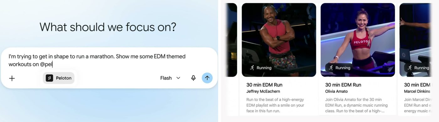 הדגמה רשמית של גוגל: בקשה ב-Gemini עם תיוג @Peloton, ותוצאות של שיעורי ריצה מתוך השירות