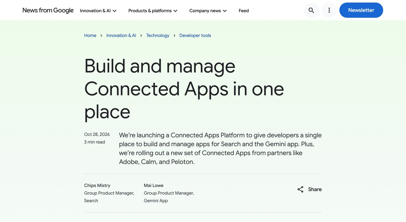 ההודעה הרשמית של גוגל: Build and manage Connected Apps in one place, מ-28 באוקטובר 2026