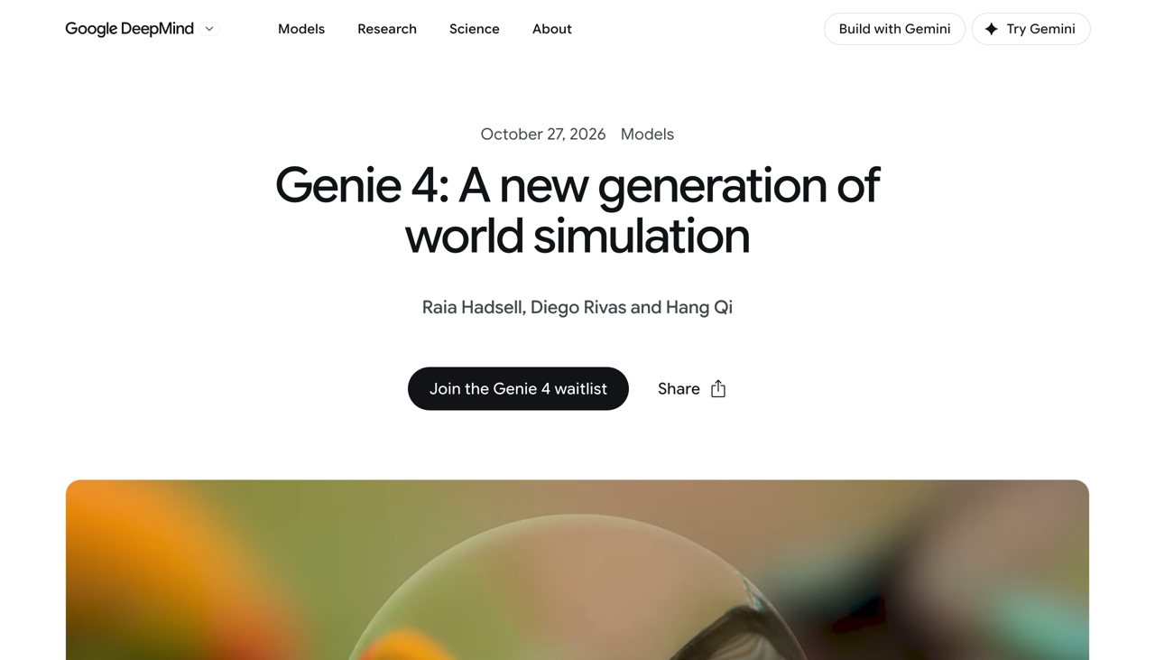 הפוסט הרשמי של Google DeepMind: Genie 4, A new generation of world simulation, 27 באוקטובר 2026