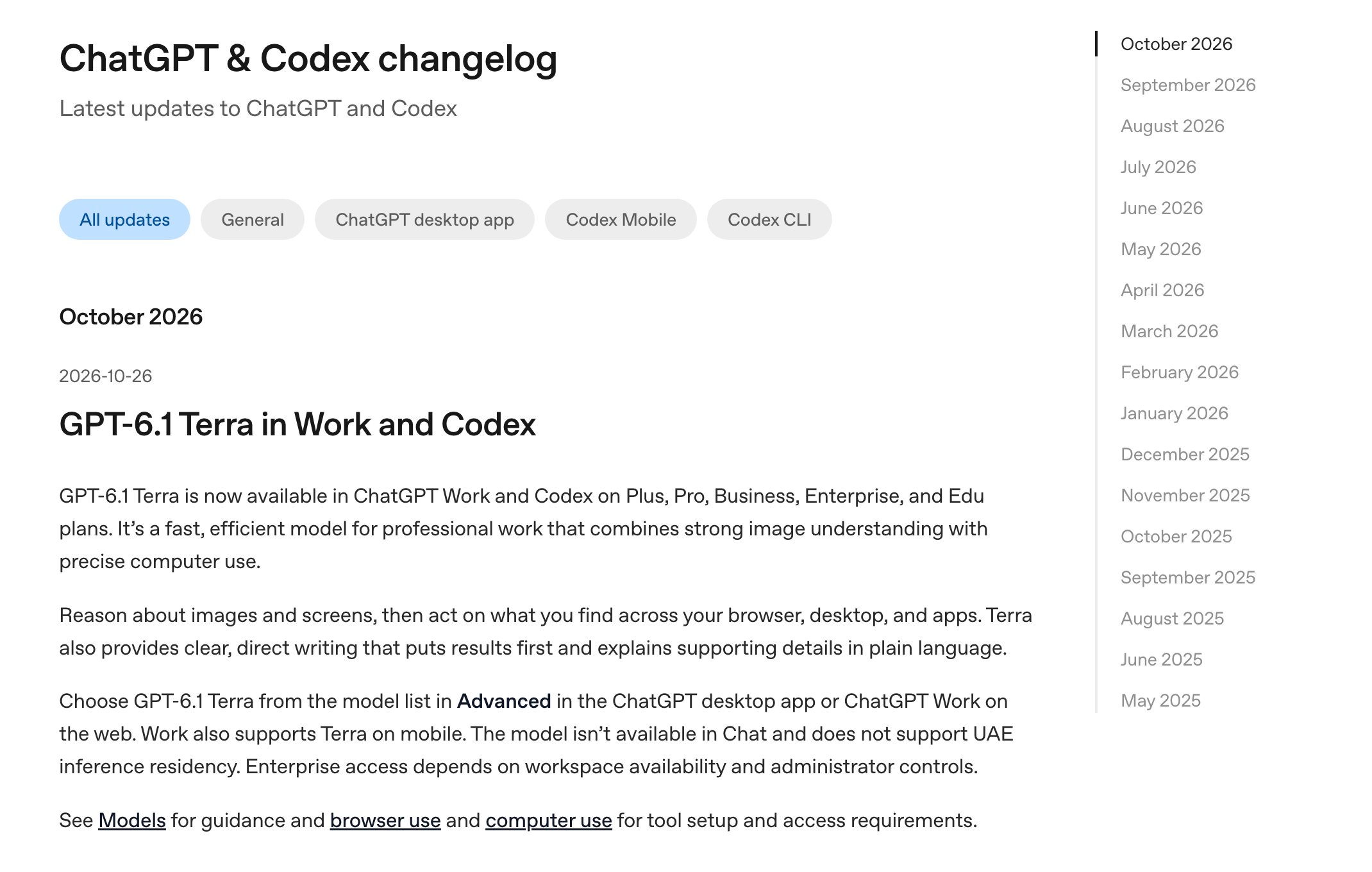 יומן השינויים הרשמי של ChatGPT ו-Codex: GPT-6.1 Terra in Work and Codex, 26 באוקטובר 2026