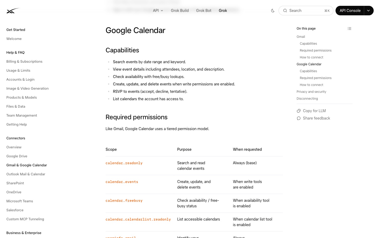 טבלת ההרשאות בתיעוד של xAI: calendar.readonly תמיד, calendar.events רק כשמפעילים כלי כתיבה