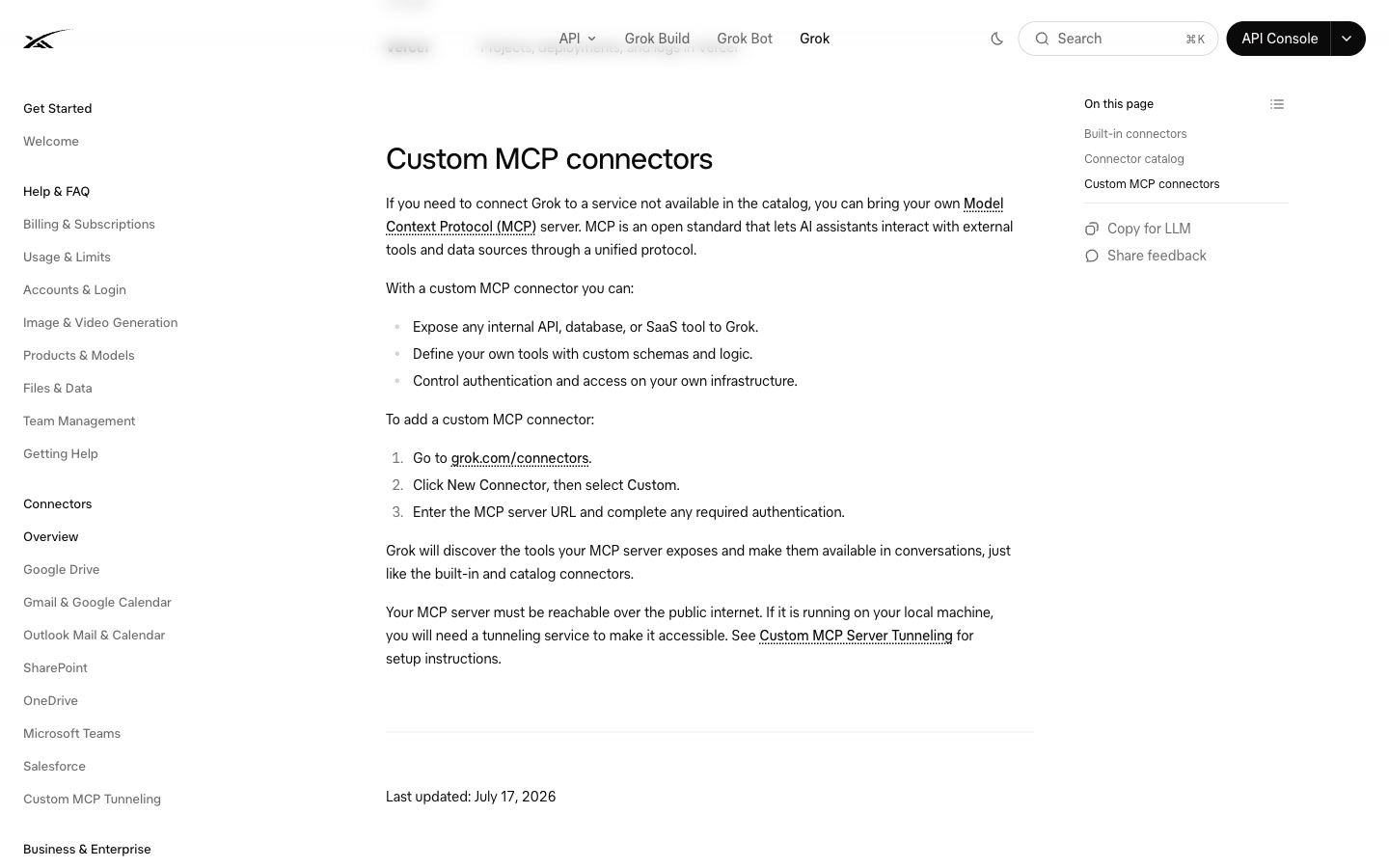 עמוד Custom MCP connectors בתיעוד של xAI: שלושת הצעדים להוספת שרת