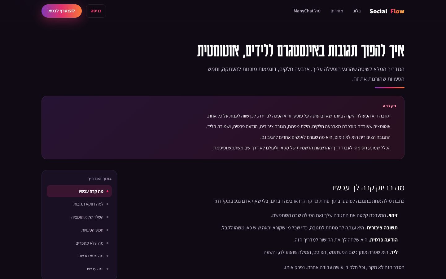 עמוד המדריך הציבורי של SocialFlow על הפיכת תגובות באינסטגרם ללידים, עם תיבת בקצרה ותוכן עניינים: למה דווקא תגובות, השלד של אוטומציה שעובדת והטעויות הנפוצות
