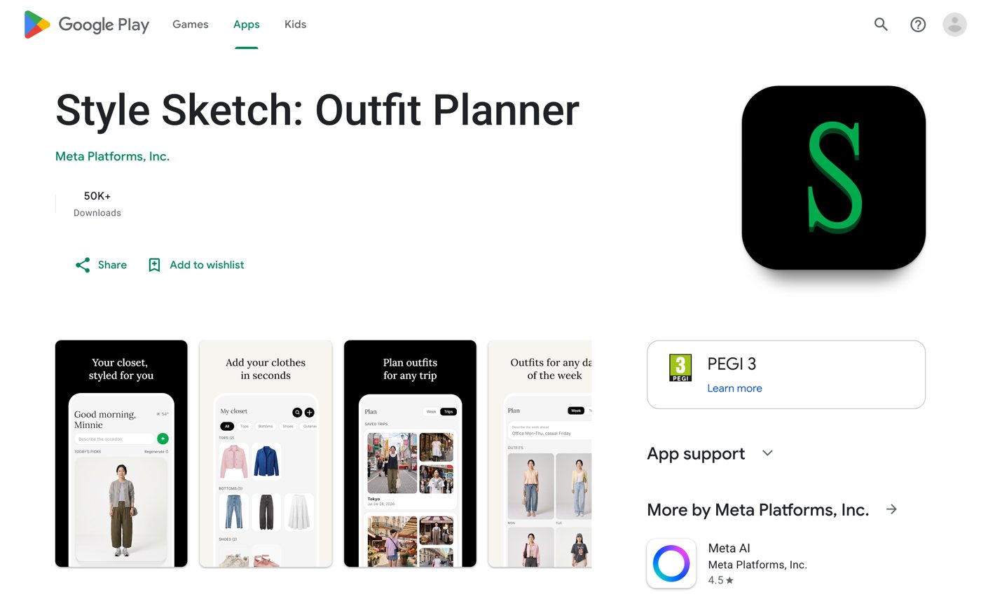 דף האפליקציה Style Sketch: Outfit Planner של Meta Platforms בגוגל פליי, עם צילומי מסך של ארון וירטואלי ותכנון לוקים לנסיעה